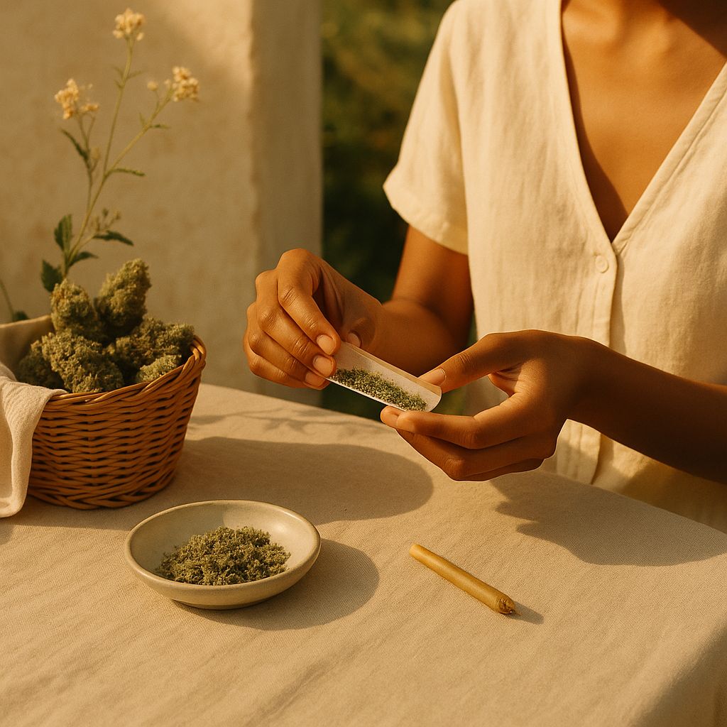 Person preparing cannabis buds with a bowl and lighter on a table.